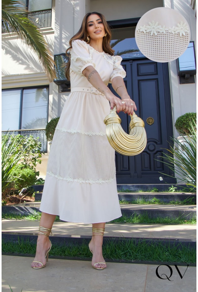 VESTIDO EM ALFAIATARIA DETALHE TELA AMARELO MANTEIGA - LUZIA FAZZOLLI