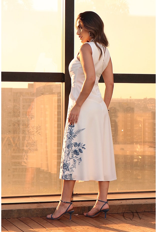 VESTIDO EM ALFAIATARIA ESTAMPADO FLORAL OFF WHITE - LUZIA FAZZOLLI