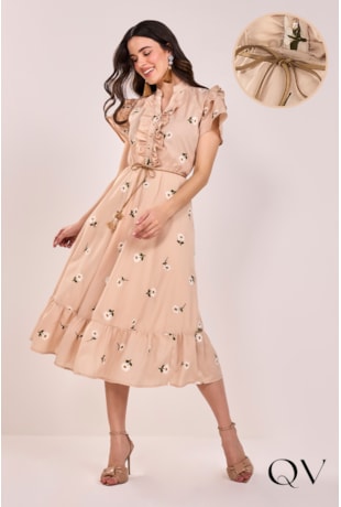 VESTIDO EM ALGODÃO BORDADOS FLORAIS BEGE - FASCÍNIUS