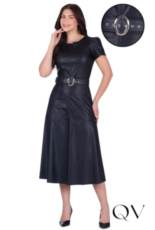 VESTIDO EM ASPECTO DE COURO COM CINTO PRETO - HAPUK