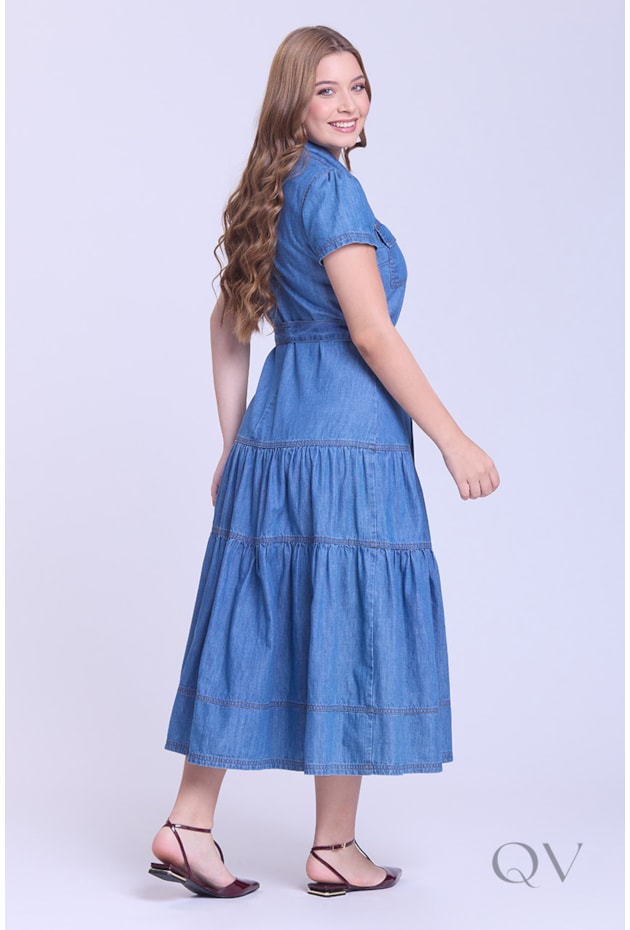 VESTIDO EM CAMADAS GODÊ EM JEANS CLARO - HAPUK