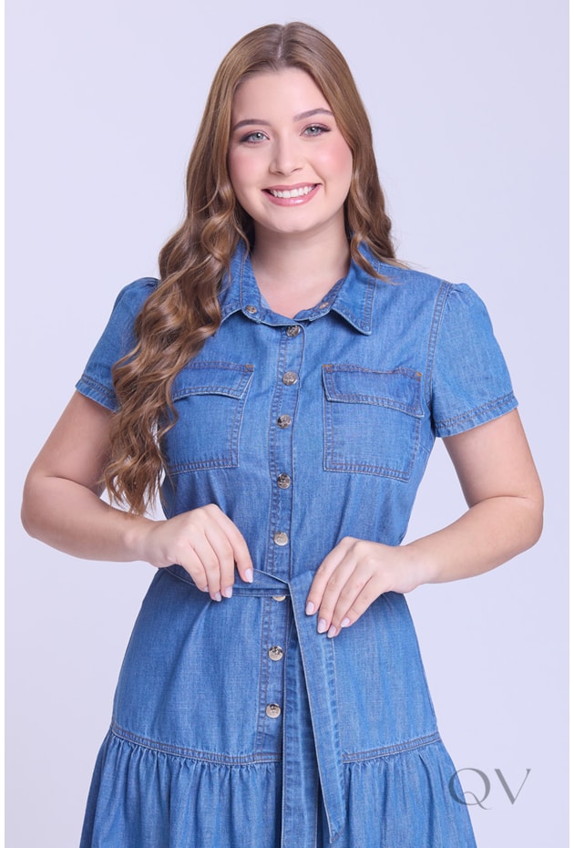 VESTIDO EM CAMADAS GODÊ EM JEANS CLARO - HAPUK