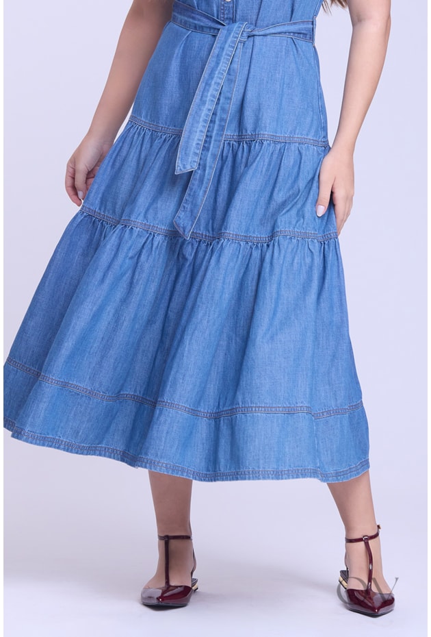 VESTIDO EM CAMADAS GODÊ EM JEANS CLARO - HAPUK