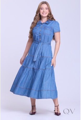 VESTIDO EM CAMADAS GODÊ EM JEANS CLARO - HAPUK