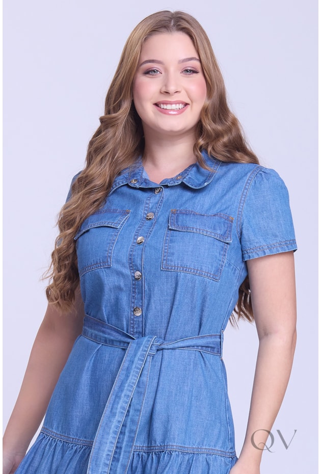 VESTIDO EM CAMADAS GODÊ EM JEANS CLARO - HAPUK