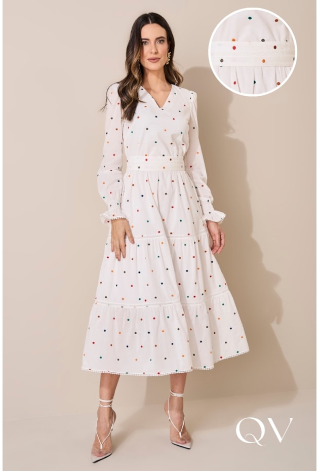 Vestido Em Cambraia Bordado Poá Jany Pim QVestido Moda