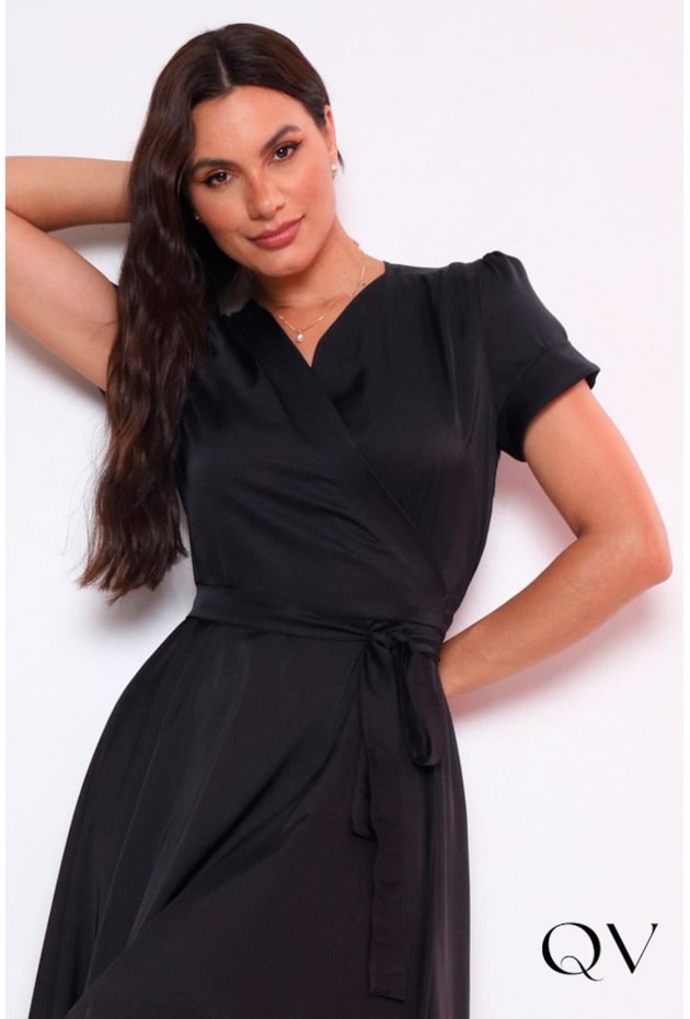 VESTIDO EM CETIM TRANSPASSADO PRETO - LEKAZIS