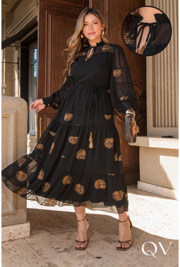 VESTIDO EM CHIFFON BORDADO PRETO - LUZIA FAZZOLLI