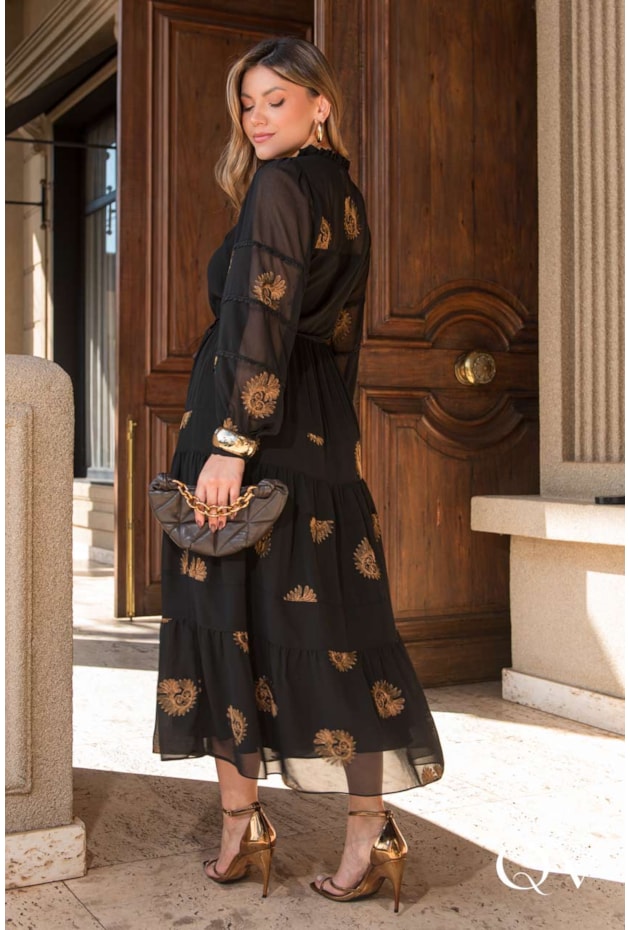 VESTIDO EM CHIFFON BORDADO PRETO - LUZIA FAZZOLLI
