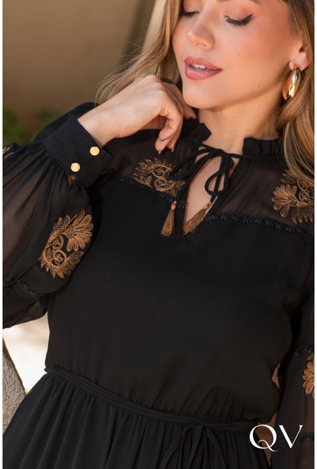 VESTIDO EM CHIFFON BORDADO PRETO - LUZIA FAZZOLLI