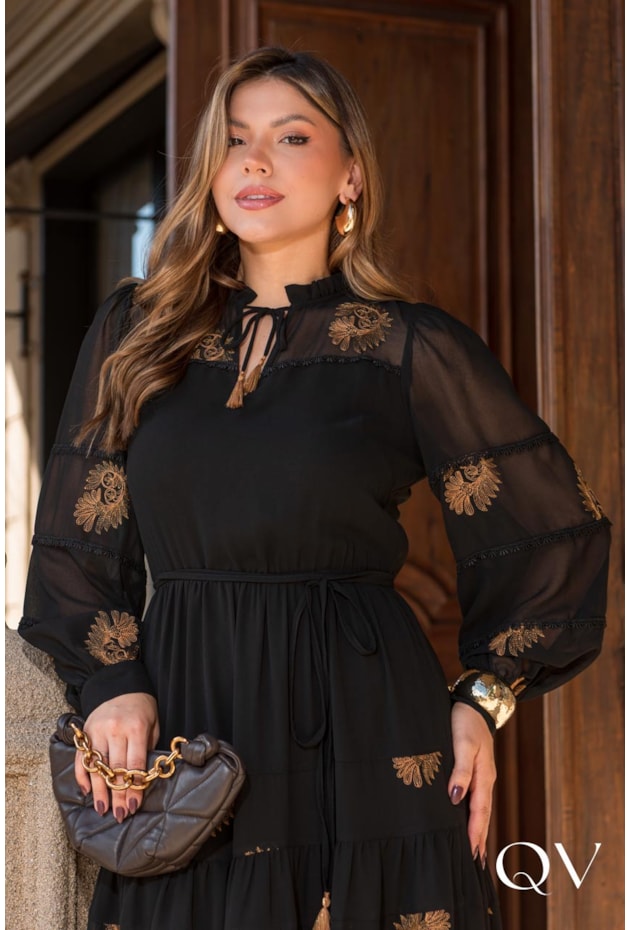 VESTIDO EM CHIFFON BORDADO PRETO - LUZIA FAZZOLLI