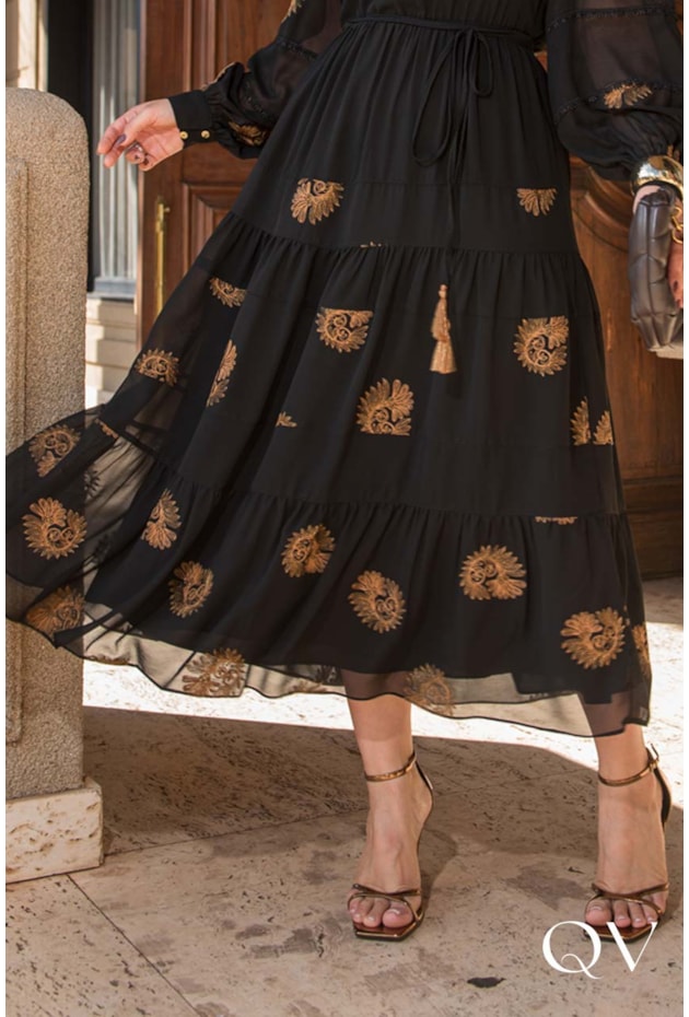 VESTIDO EM CHIFFON BORDADO PRETO - LUZIA FAZZOLLI