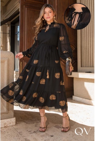 VESTIDO EM CHIFFON BORDADO PRETO - LUZIA FAZZOLLI