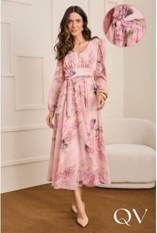 VESTIDO EM CHIFFON COM TOQUE DE SEDA FLORAL ROSA - JANY PIM