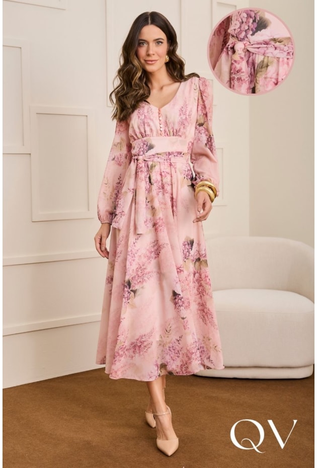 Vestido Em Chiffon Com Toque de Sede Floral Rosa Jany Pim QVestido