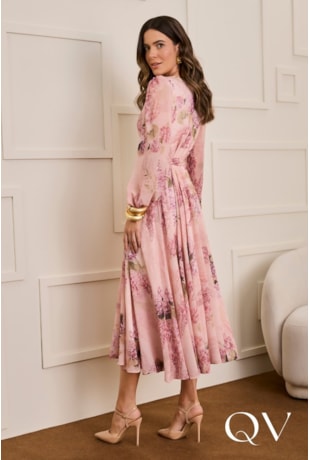VESTIDO EM CHIFFON COM TOQUE DE SEDA FLORAL ROSA - JANY PIM