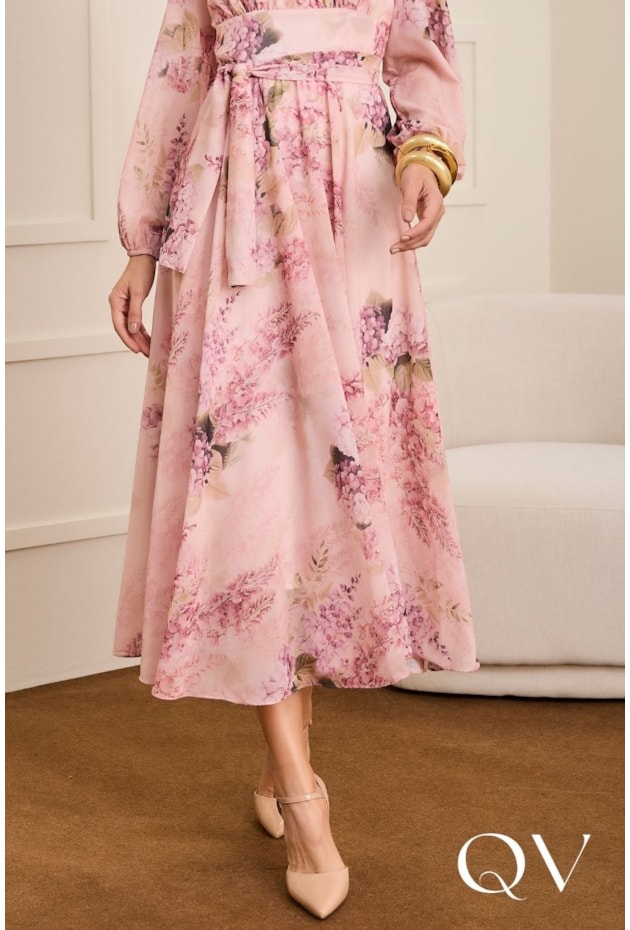 VESTIDO EM CHIFFON COM TOQUE DE SEDA FLORAL ROSA - JANY PIM