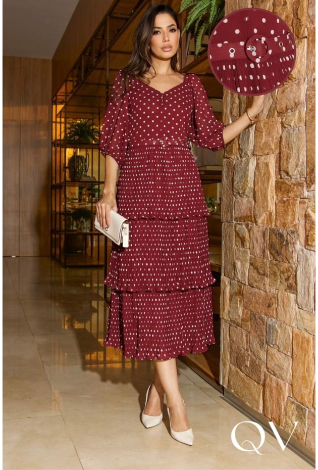 VESTIDO EM CHIFFON EM CAMADAS POÁ VINHO - LUZIA FAZZOLLI