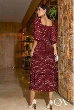 VESTIDO EM CHIFFON EM CAMADAS POÁ VINHO - LUZIA FAZZOLLI