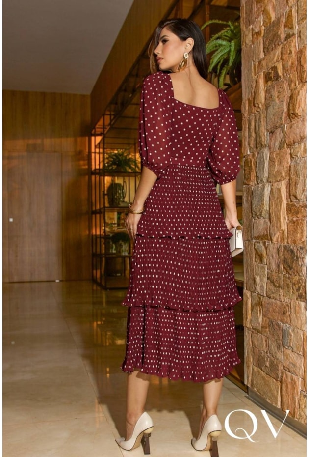 VESTIDO EM CHIFFON EM CAMADAS POÁ VINHO - LUZIA FAZZOLLI