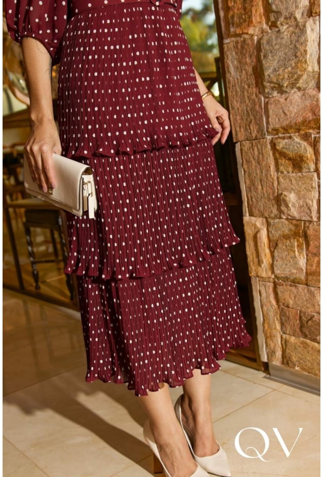 VESTIDO EM CHIFFON EM CAMADAS POÁ VINHO - LUZIA FAZZOLLI