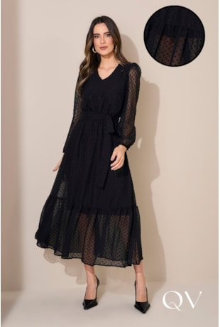 VESTIDO EM CHIFFON LONGUETE PRETO - JANY PIM