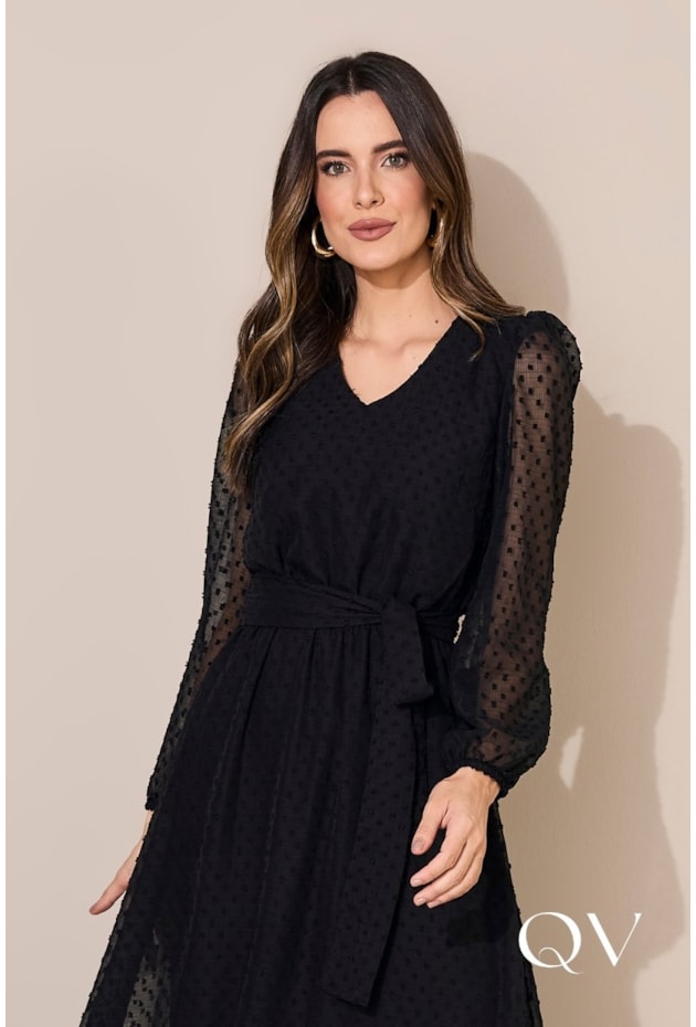 VESTIDO EM CHIFFON LONGUETE PRETO - JANY PIM