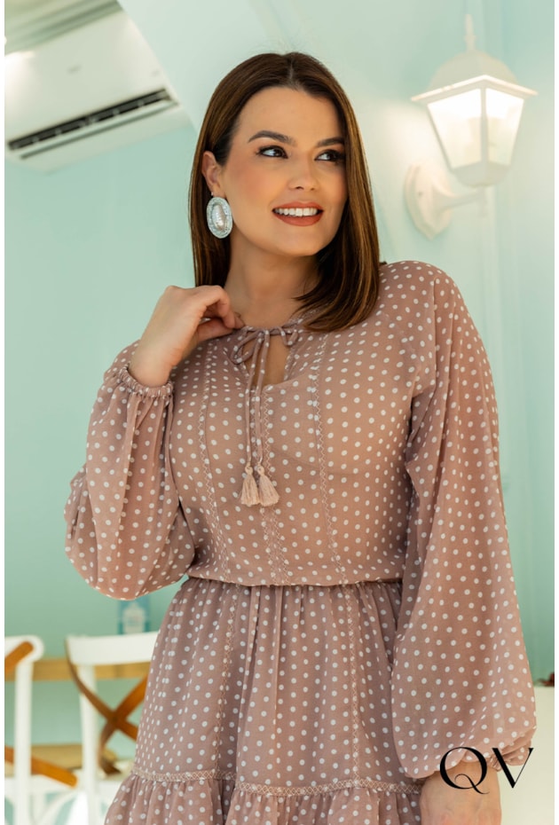 VESTIDO EM CHIFFON POÁ ROSE - LUZIA FAZZOLLI
