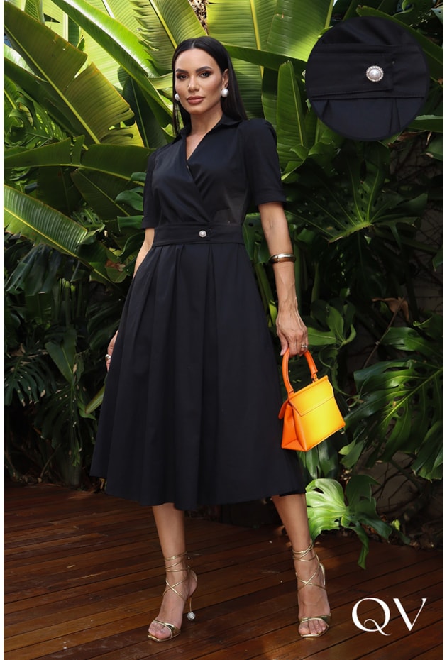 VESTIDO EM COTTON GODÊ PRETO - JANY PIM VESTIDO EM COTTON GODÊ PRETO - JANY PIM