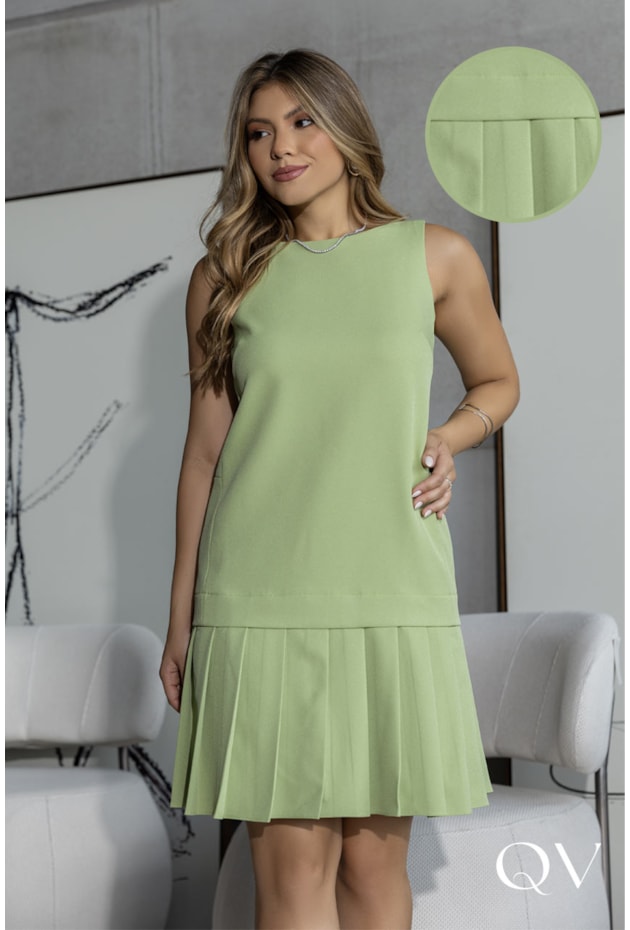 VESTIDO EM CREPE COM PREGAS VERDE - LUZIA FAZZOLLI