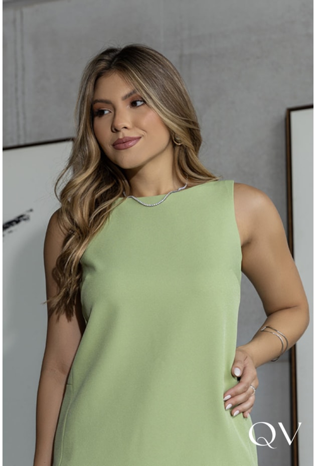 VESTIDO EM CREPE COM PREGAS VERDE - LUZIA FAZZOLLI