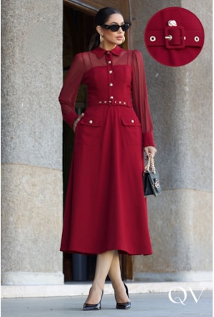 VESTIDO EM CREPE E TULE LEVE FRANZIDOS VINHO - LUZIA FAZZOLLI