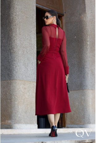 VESTIDO EM CREPE E TULE LEVE FRANZIDOS VINHO - LUZIA FAZZOLLI