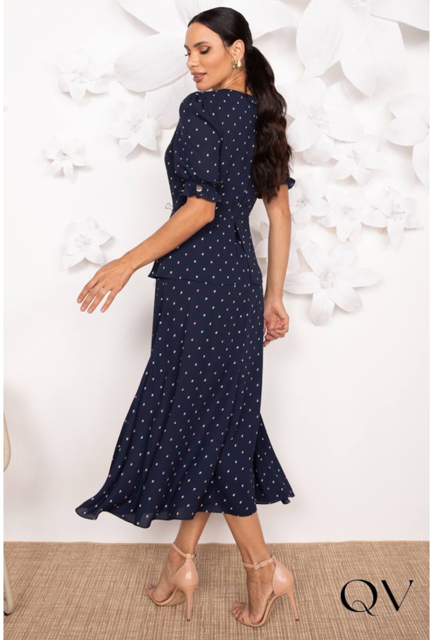 VESTIDO EM CREPE ESTAMPADO AZUL MARINHO - LEKAZIS