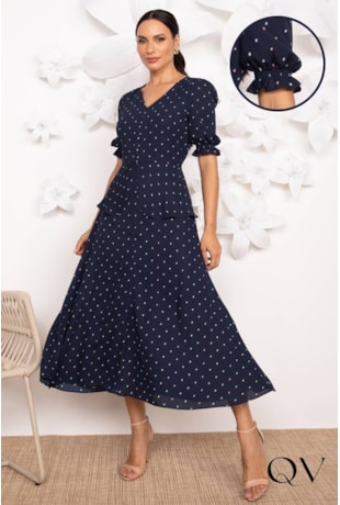 VESTIDO EM CREPE ESTAMPADO AZUL MARINHO - LEKAZIS