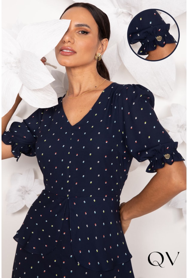 VESTIDO EM CREPE ESTAMPADO AZUL MARINHO - LEKAZIS VESTIDO EM CREPE ESTAMPADO AZUL MARINHO - LEKAZIS