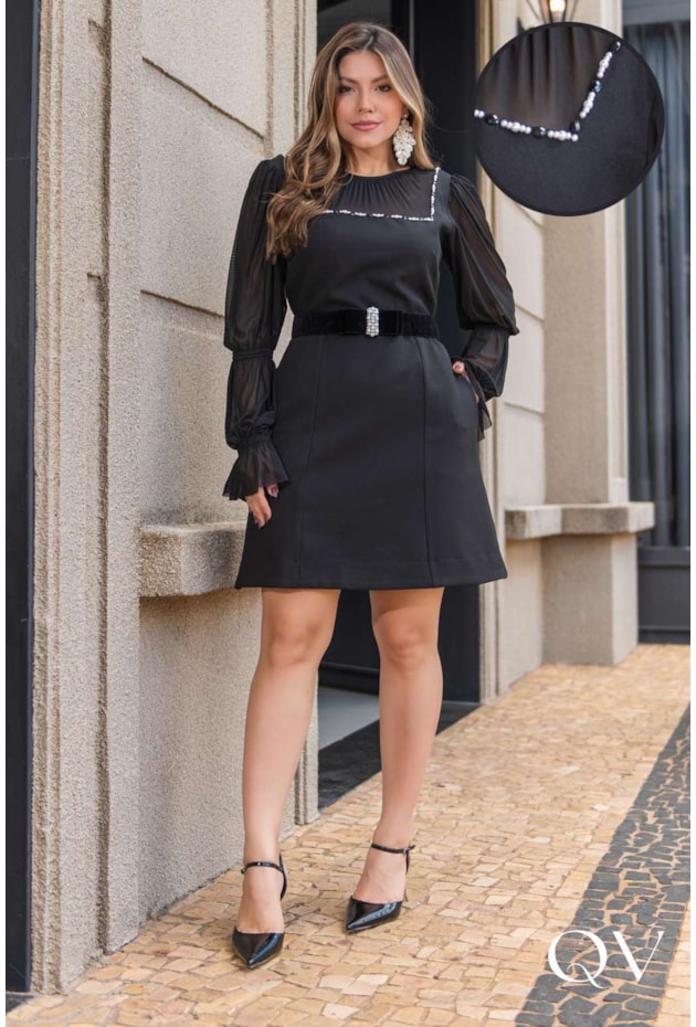 VESTIDO EM CREPE TULE CINTO BORDADO PRETO - LUZIA FAZZOLLI