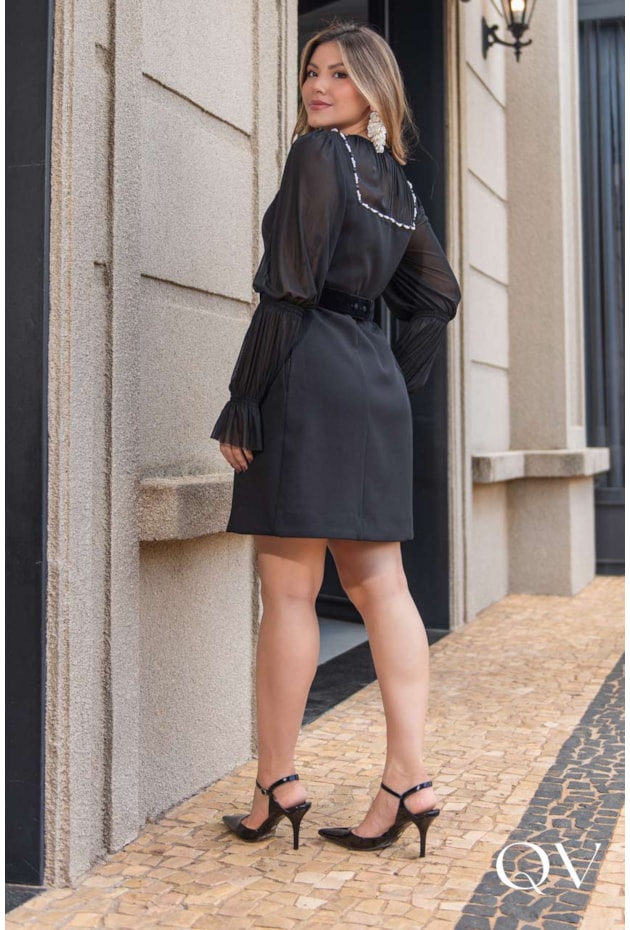 VESTIDO EM CREPE TULE CINTO BORDADO PRETO - LUZIA FAZZOLLI