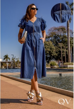 VESTIDO EM DENIM COM NESGAS JEANS AZUL - LUZIA FAZZOLLI