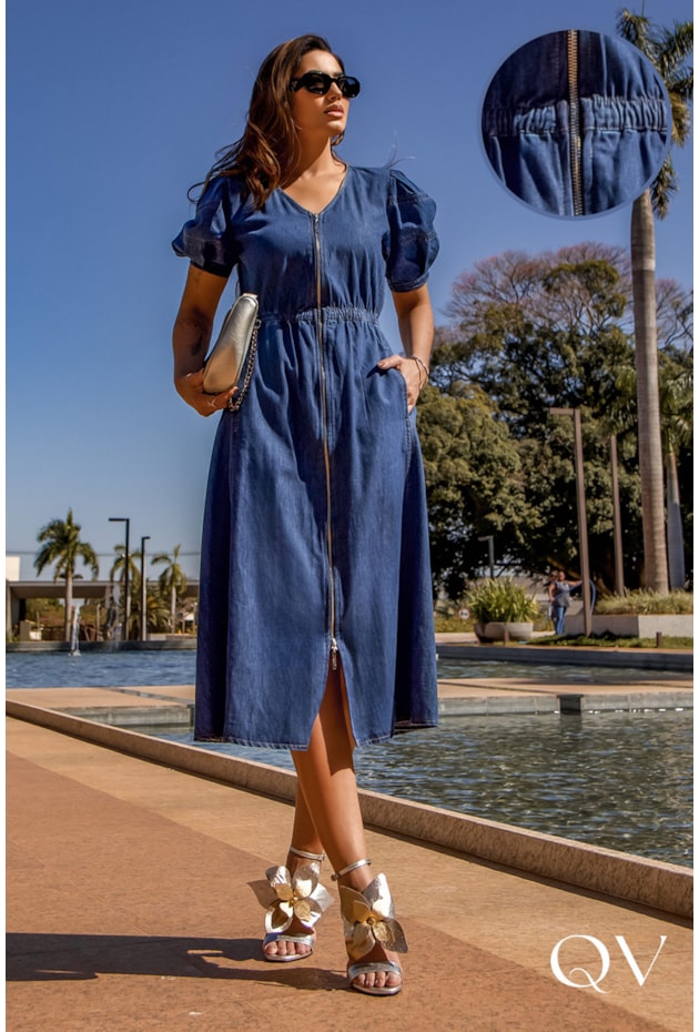 VESTIDO EM DENIM COM NESGAS JEANS AZUL - LUZIA FAZZOLLI