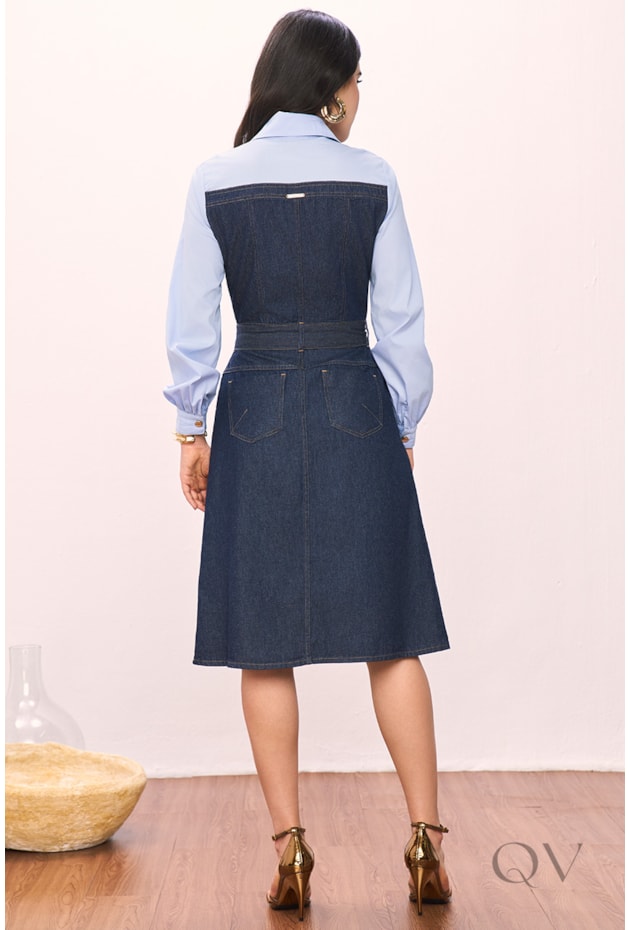 VESTIDO EM JEANS COM TRICOLINE AZUL - TITANIUM JEANS
