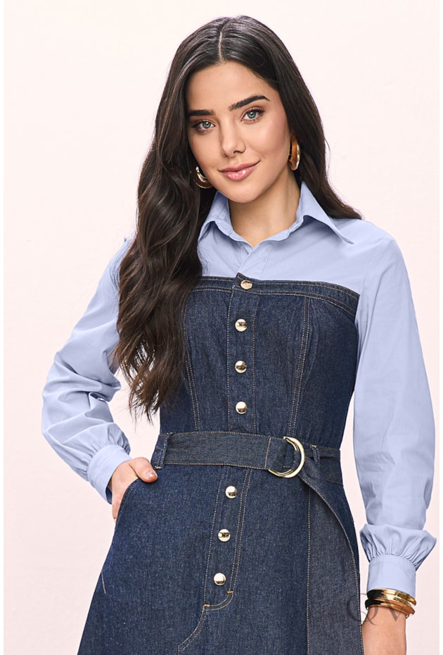 VESTIDO EM JEANS COM TRICOLINE AZUL - TITANIUM JEANS
