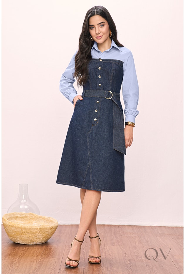 VESTIDO EM JEANS COM TRICOLINE AZUL - TITANIUM JEANS