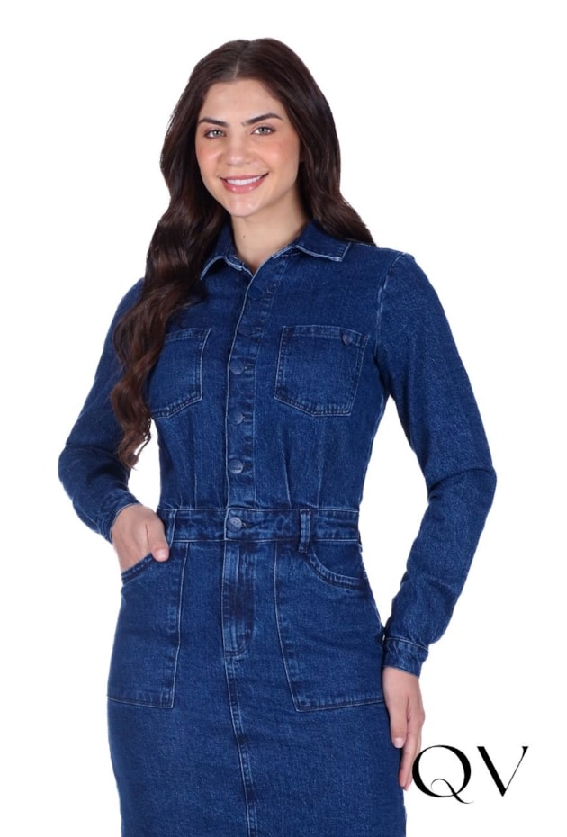 VESTIDO EM JEANS ESCURO COM BOTÕES AZUL MARINHO - HAPUK