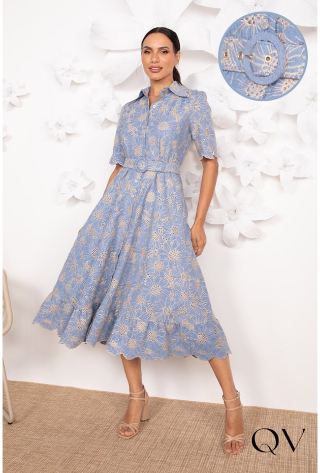 VESTIDO EM LAISE BORDADO EM NUDE AZUL - LEKAZIS VESTIDO EM LAISE BORDADO EM NUDE AZUL - LEKAZIS