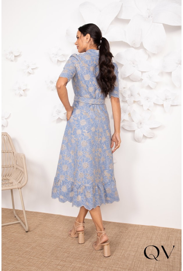 VESTIDO EM LAISE BORDADO EM NUDE AZUL - LEKAZIS VESTIDO EM LAISE BORDADO EM NUDE AZUL - LEKAZIS