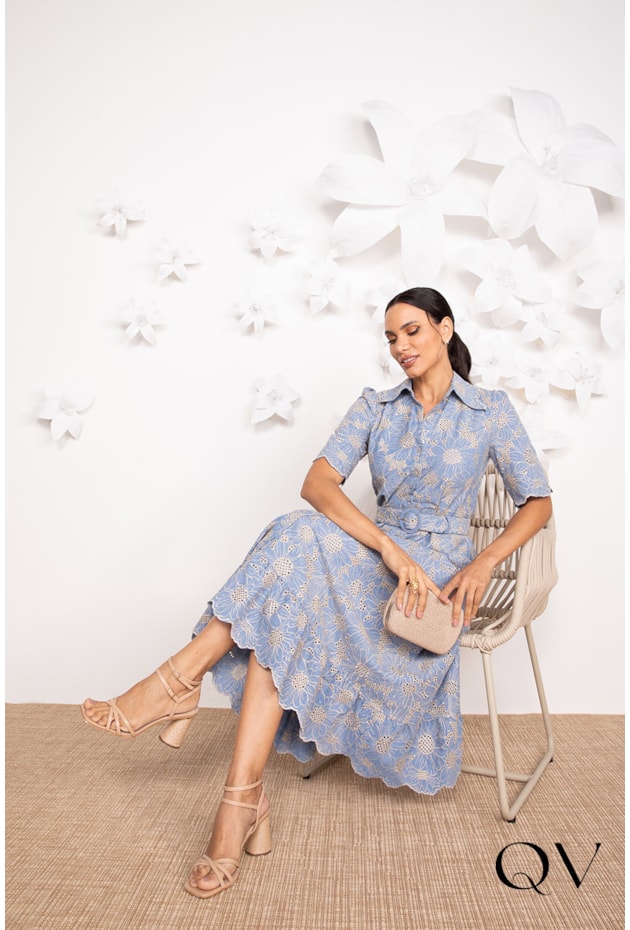 VESTIDO EM LAISE BORDADO EM NUDE AZUL - LEKAZIS VESTIDO EM LAISE BORDADO EM NUDE AZUL - LEKAZIS