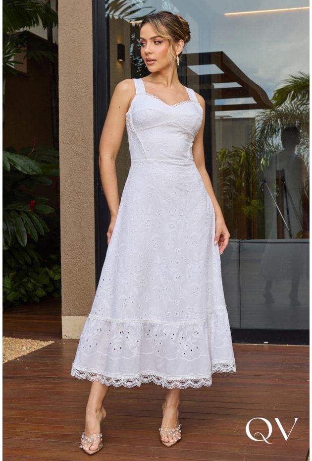 VESTIDO EM LAISE COM GUIPIR OFF WHITE - DOCE MARIA