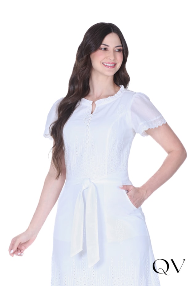VESTIDO EM LAISE DECOTE COM BOTÕES BRANCO - HAPUK