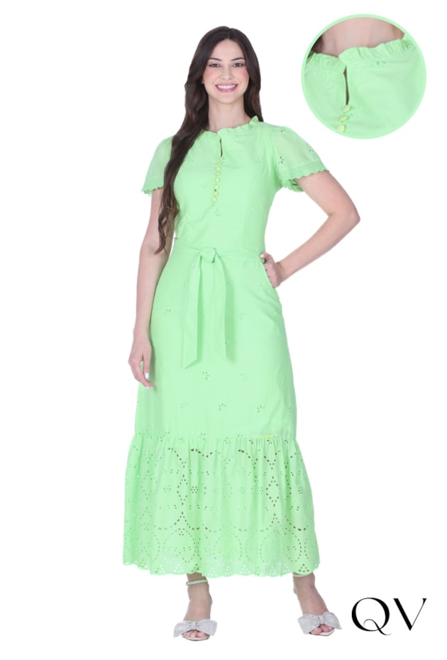 VESTIDO EM LAISE DECOTE COM BOTÕES VERDE - HAPUK